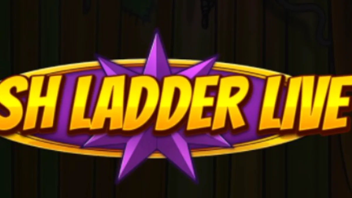 Tampilan layar utama slot Cash Ladder Live dengan elemen studio televisi dan tangga hadiah